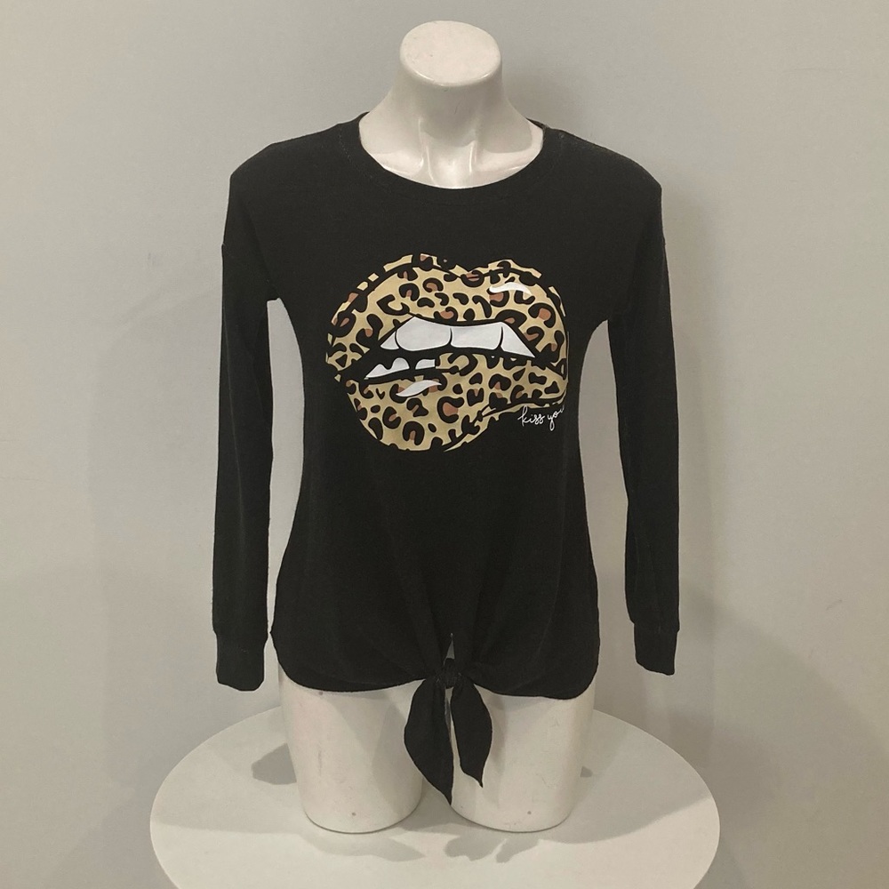 OCCASION Leopard Lips 👄 Thin Black Long Sleeve Sweatshirt Tie Knot Front M